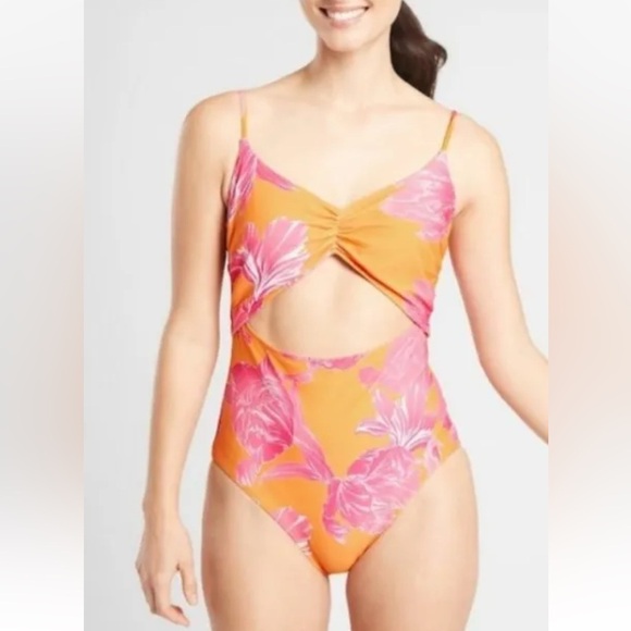 Athleta Kailua Moore Cutout Swim Bathing Suit One Piece Orange Pink Floral - Picture 1 of 6